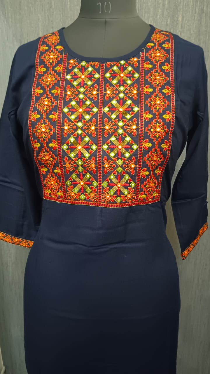 Navy Blue Embroidered Yoke Kurti - Image 2