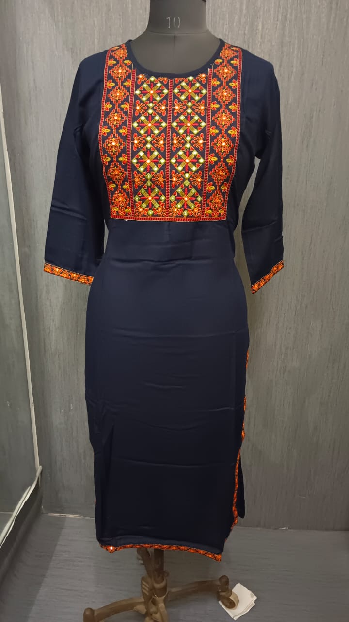 Navy Blue Embroidered Yoke Kurti