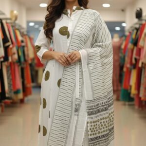 White & Olive Polka Printed